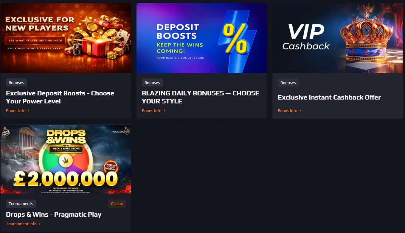 Blaze Spins -kampanjasivu, jossa on talletusbonuksia ja VIP-käteispalautuksia.